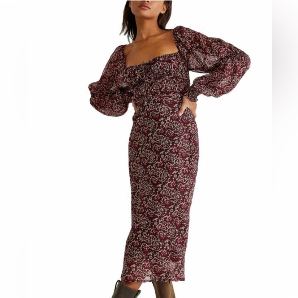 Free People Maroon Patterned Midi Dress